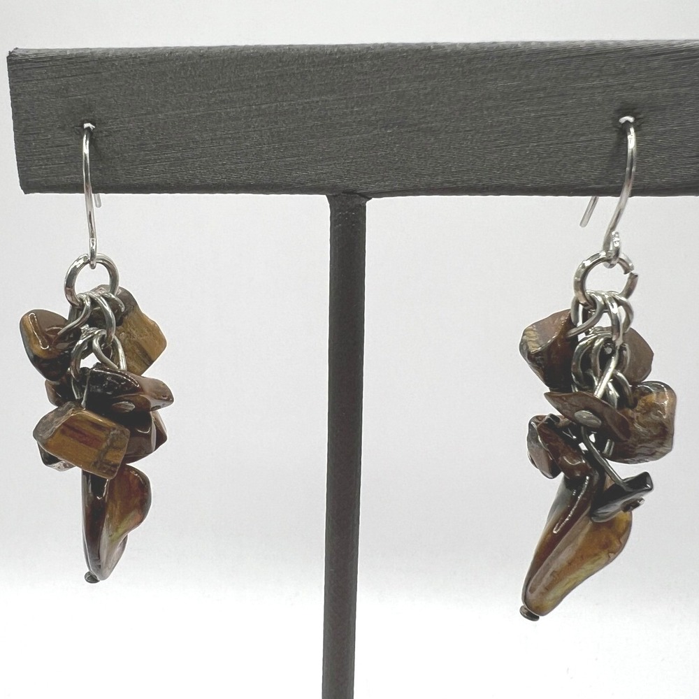 Pierced Tiger Eye Chip Earrings Silver Tone Shell Dangle Drop